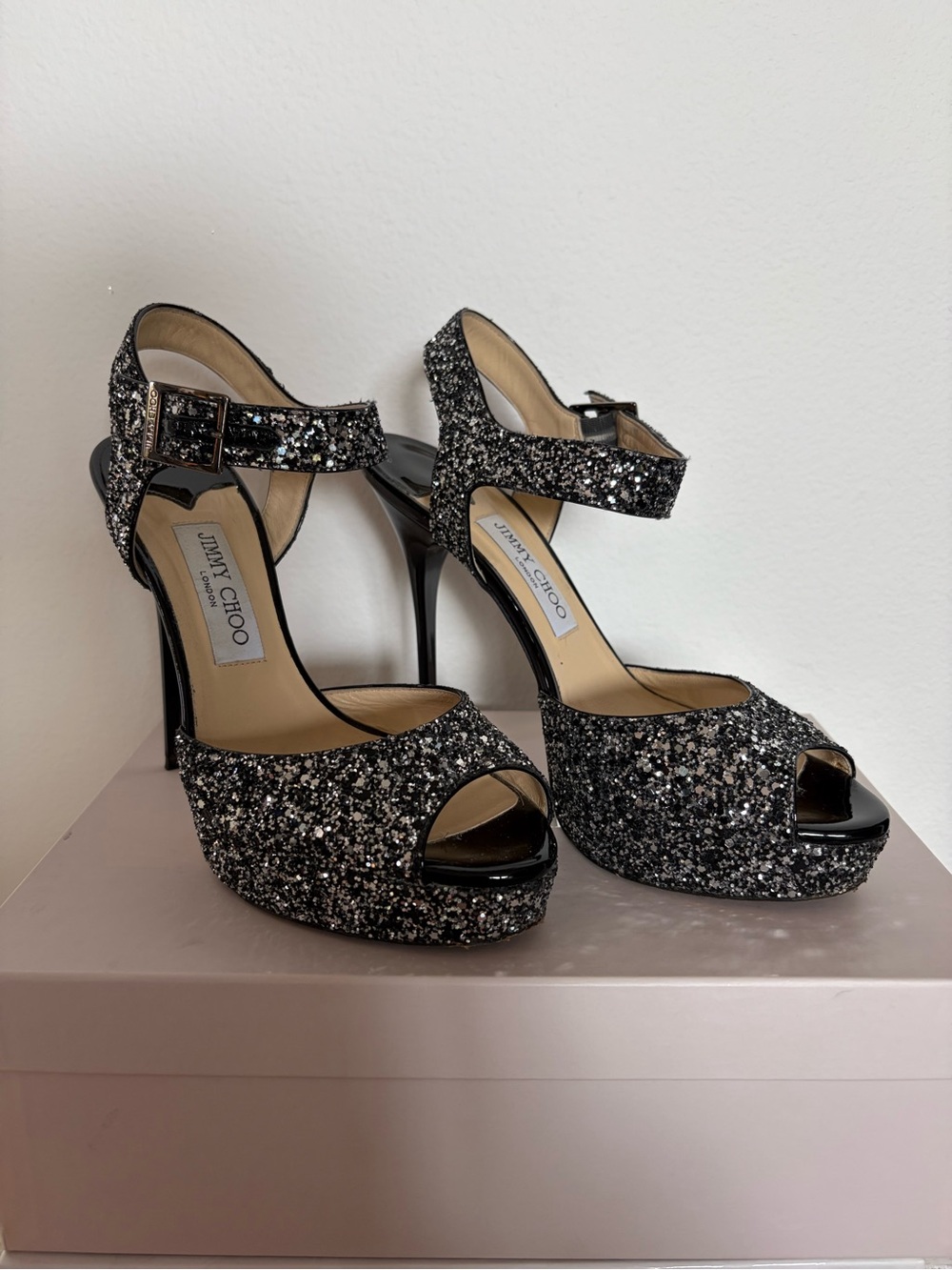 Jimmy Choo Black Glitter Peep-Toe Ankle-Strap Platform Heels